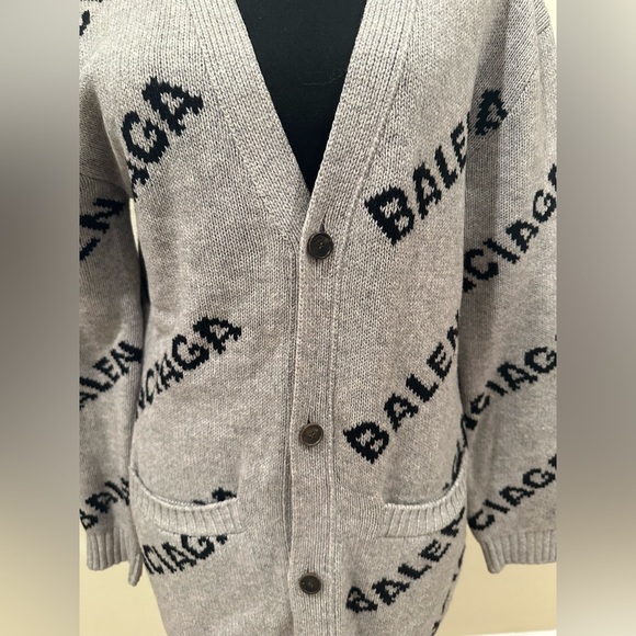 Authentic Balenciaga All Over Logo Cardigan. Grey. Size Small - Picture 2 of 4